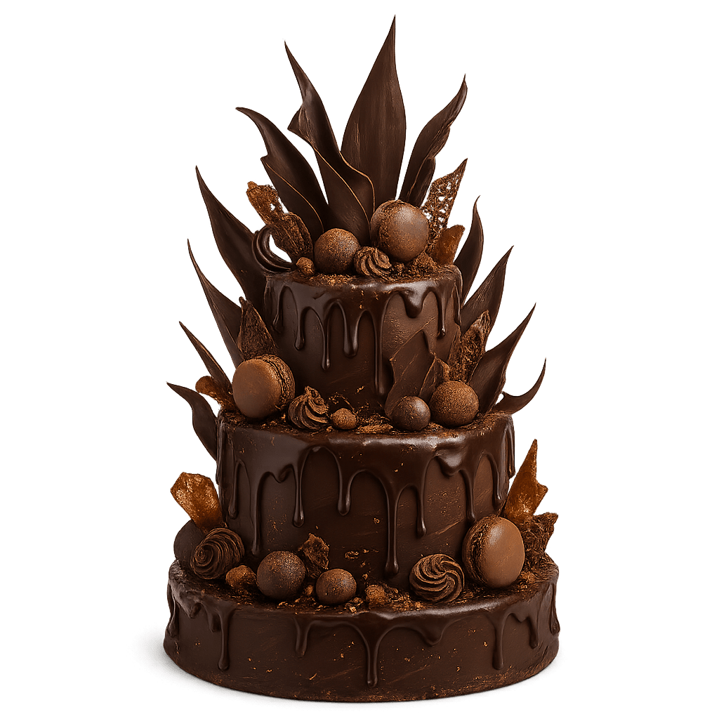 Elegant three-tiered chocolate cake with dramatic chocolate shards