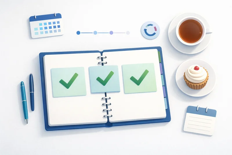 Monthly action checklist notebook with coffee and cake