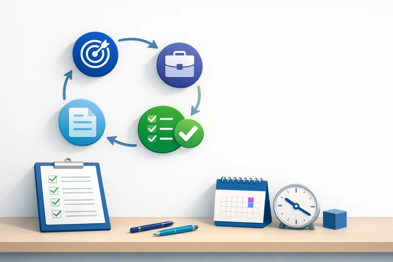 Compliance process cycle with checklists, calendar, and targets